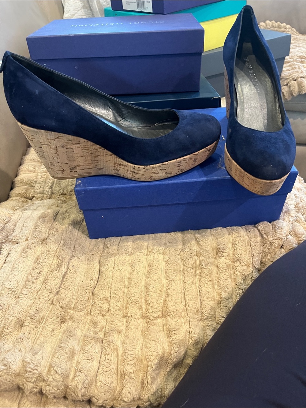 Stuart Weitzman Navy Suede Cork Wedge Pumps